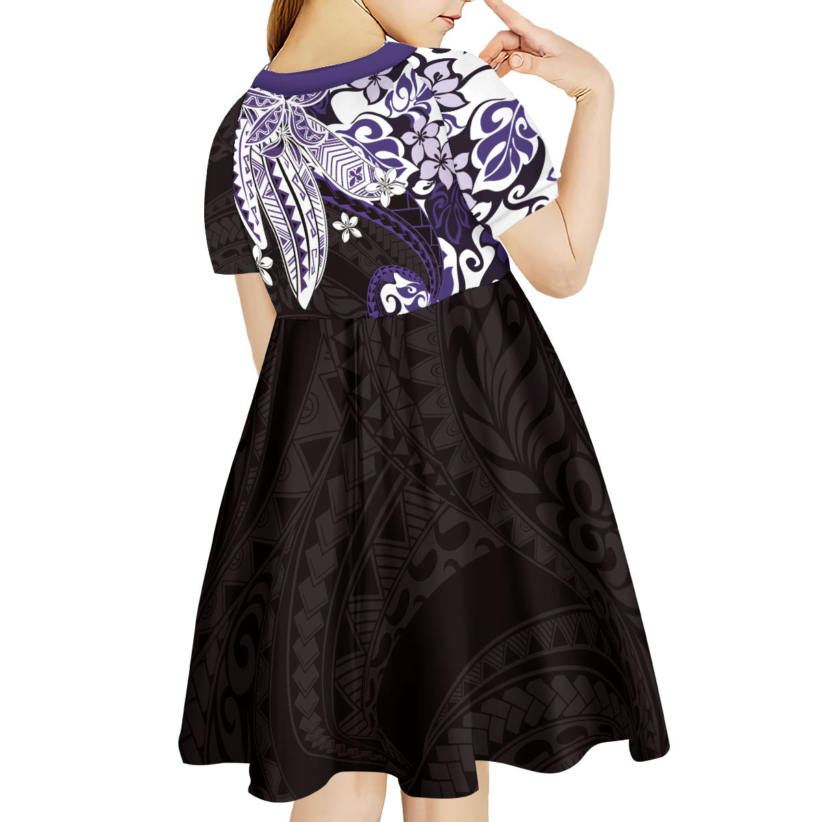Monstera Plumeria Flowers Purple Kid Short Sleeve Dress Polynesian Pattern