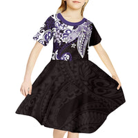 Monstera Plumeria Flowers Purple Kid Short Sleeve Dress Polynesian Pattern