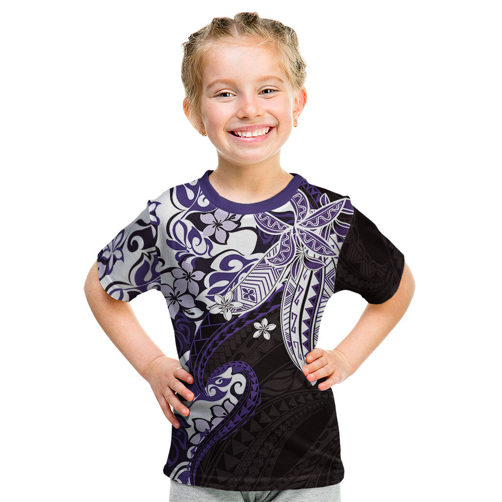 Monstera Plumeria Flowers Purple Kid T Shirt Polynesian Pattern