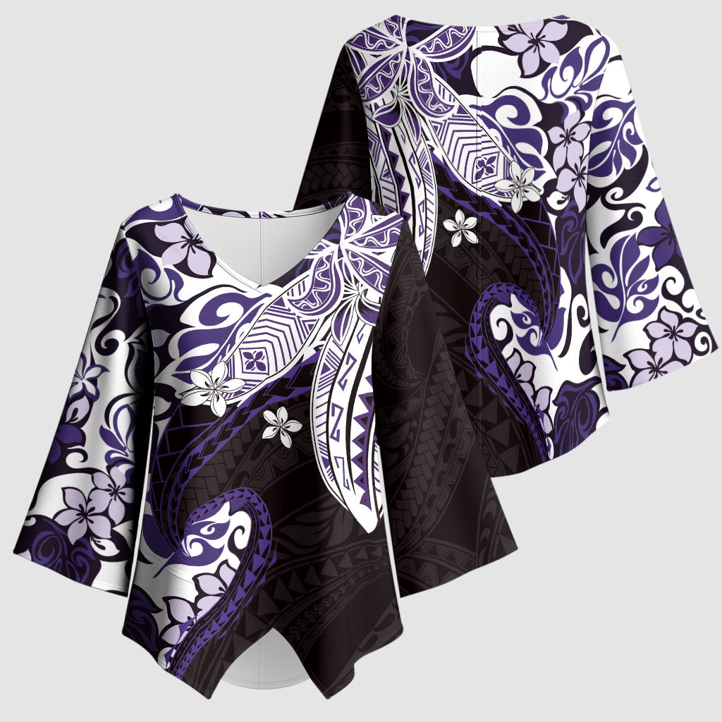 Monstera Plumeria Flowers Purple Kimono Sleeve Blouse Polynesian Pattern