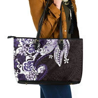 Monstera Plumeria Flowers Purple Leather Tote Bag Polynesian Pattern