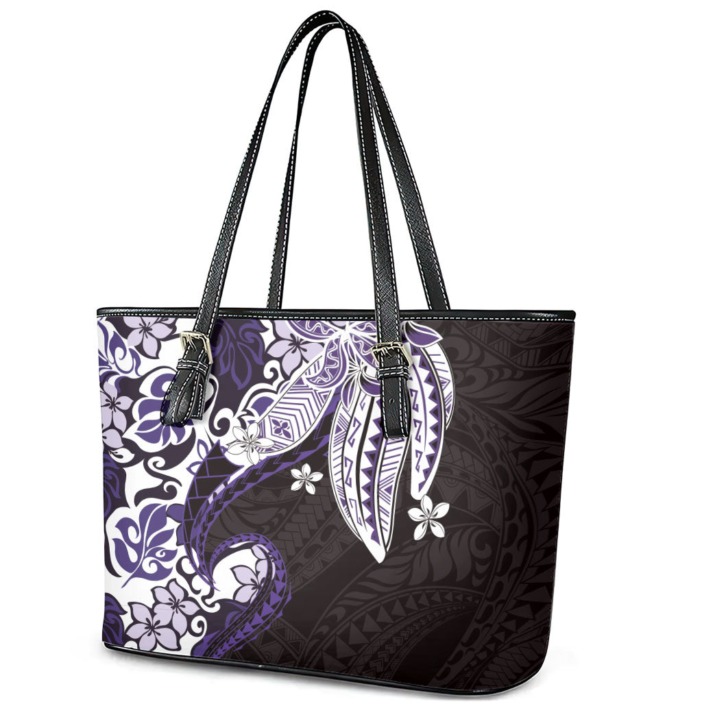 Monstera Plumeria Flowers Purple Leather Tote Bag Polynesian Pattern