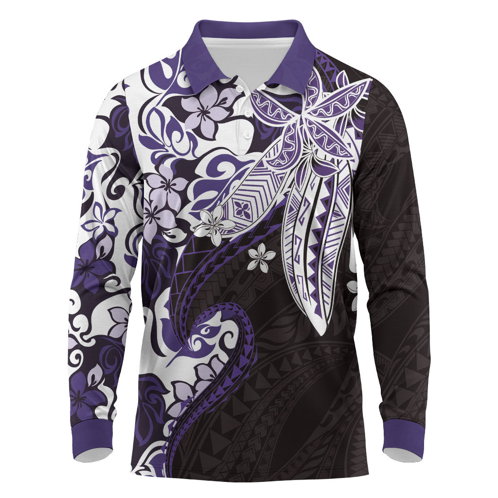 Monstera Plumeria Flowers Purple Long Sleeve Polo Shirt Polynesian Pattern