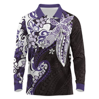 Monstera Plumeria Flowers Purple Long Sleeve Polo Shirt Polynesian Pattern