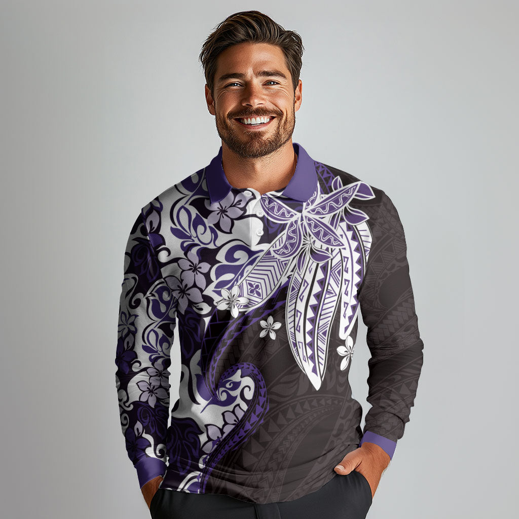 Monstera Plumeria Flowers Purple Long Sleeve Polo Shirt Polynesian Pattern