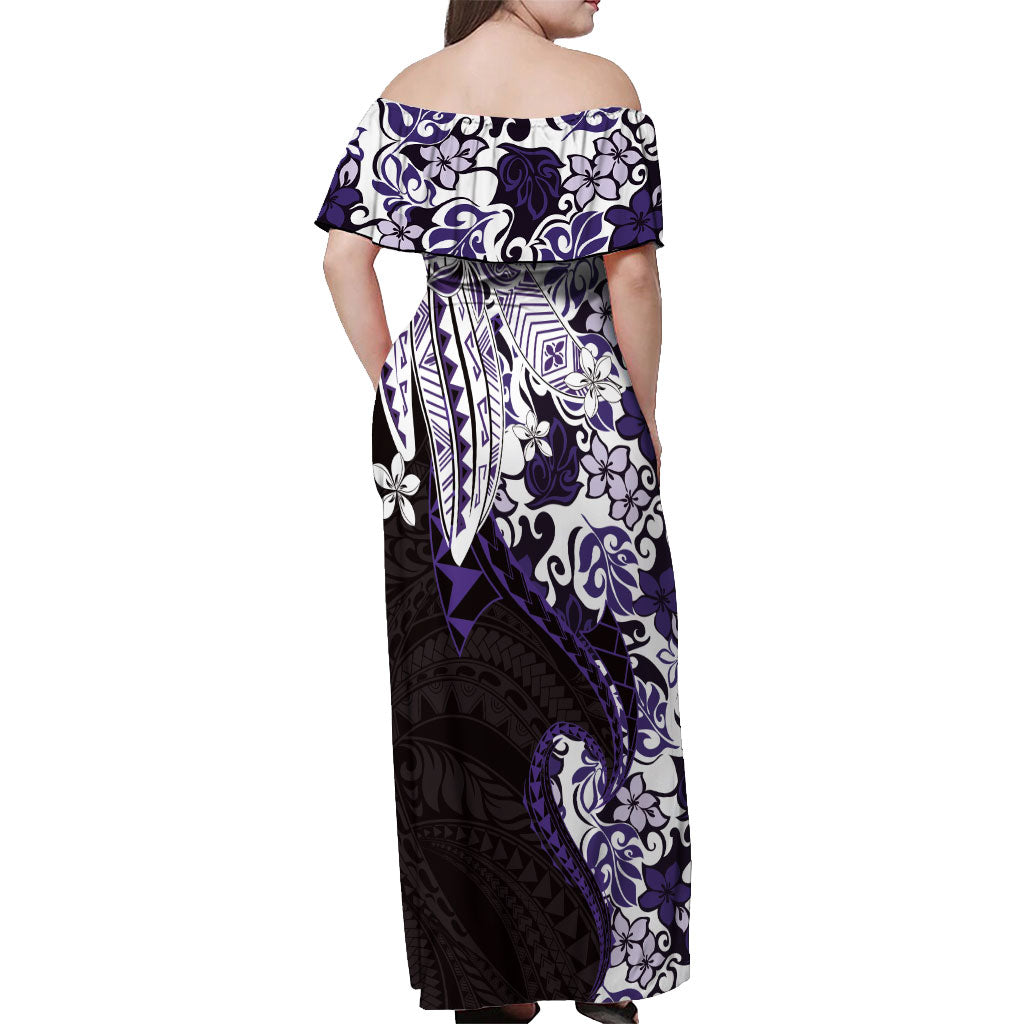 Monstera Plumeria Flowers Purple Off Shoulder Maxi Dress Polynesian Pattern