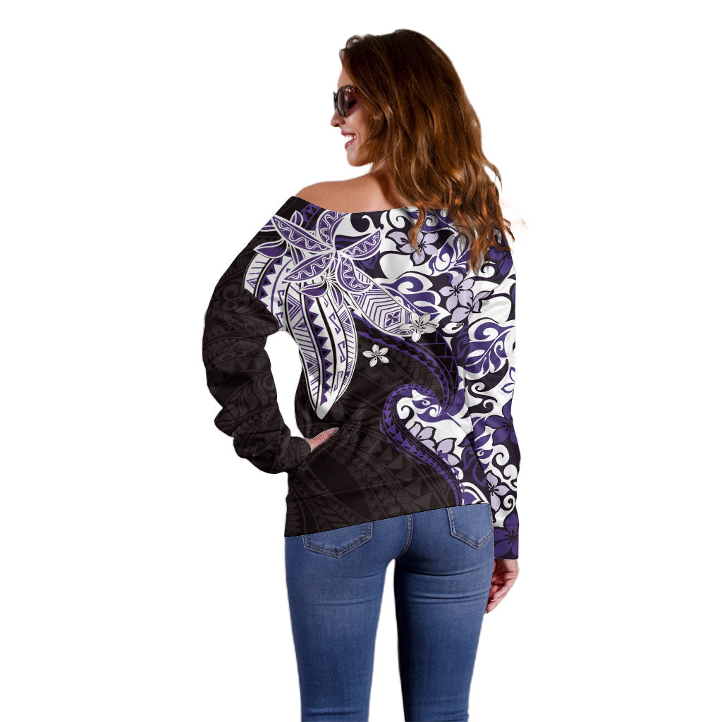 Monstera Plumeria Flowers Purple Off Shoulder Sweater Polynesian Pattern