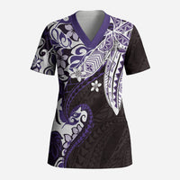 Monstera Plumeria Flowers Purple Scrub Top Polynesian Pattern