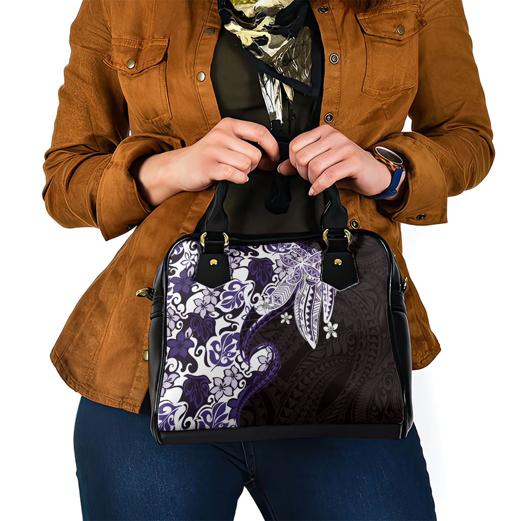 Monstera Plumeria Flowers Purple Shoulder Handbag Polynesian Pattern