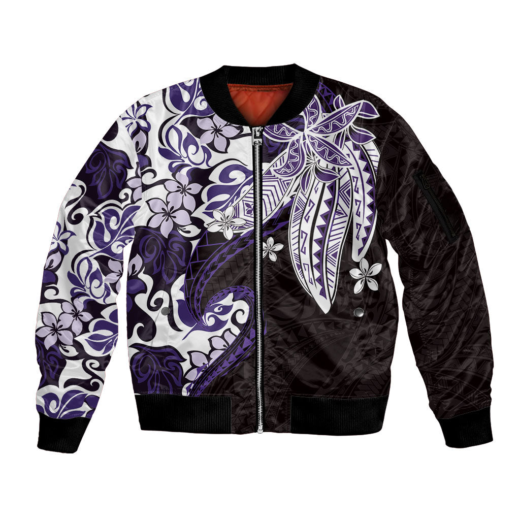 Monstera Plumeria Flowers Purple Sleeve Zip Bomber Jacket Polynesian Pattern