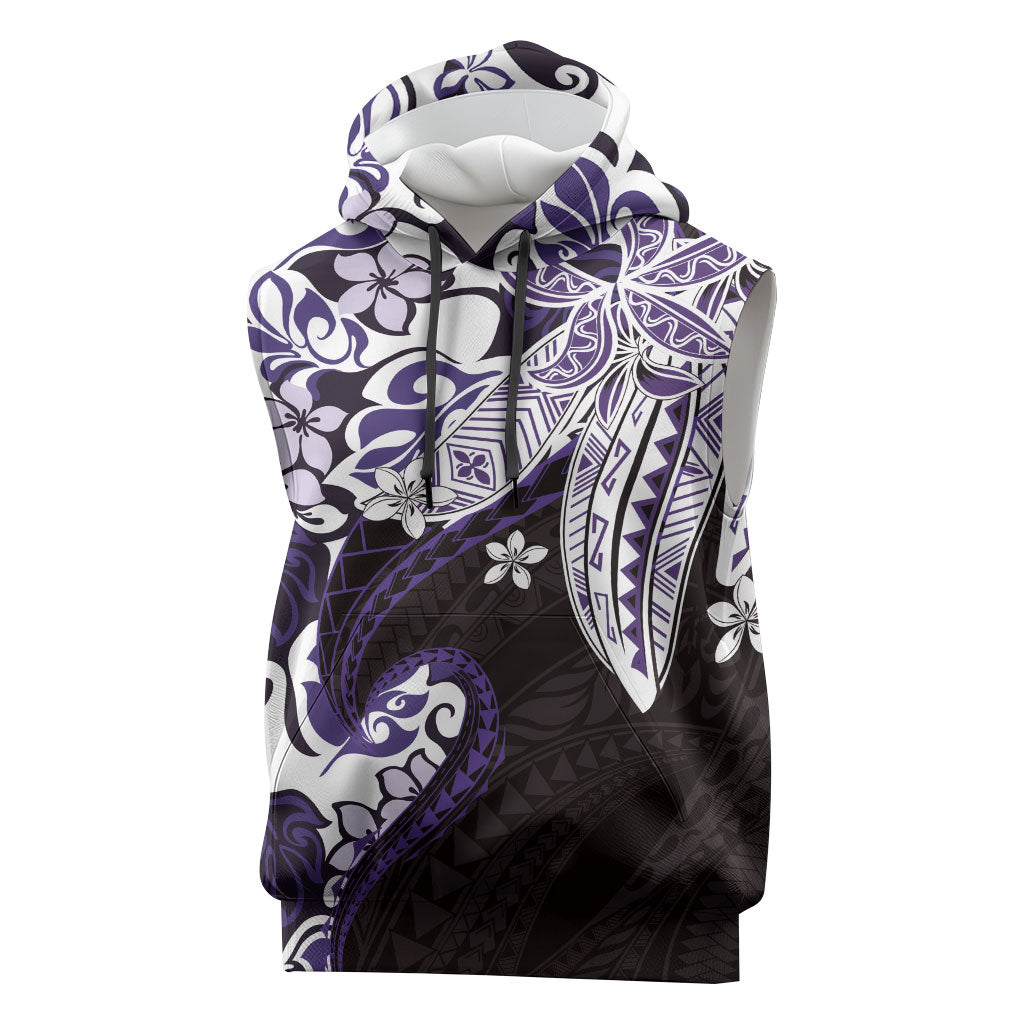 Monstera Plumeria Flowers Purple Sleeveless Hoodie Polynesian Pattern