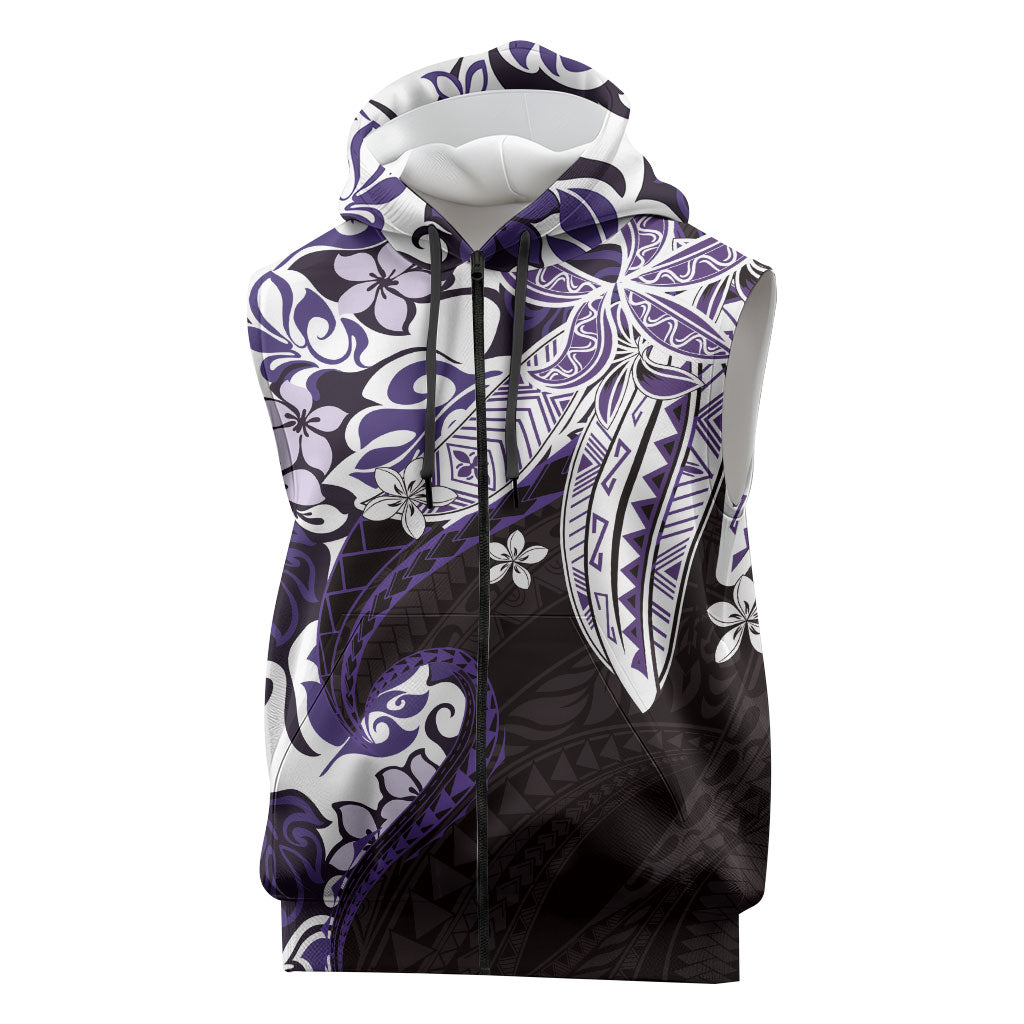 Monstera Plumeria Flowers Purple Sleeveless Zip Hoodie Polynesian Pattern