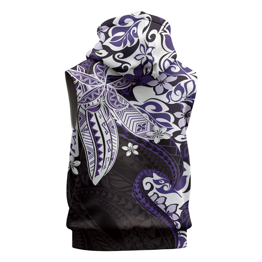 Monstera Plumeria Flowers Purple Sleeveless Zip Hoodie Polynesian Pattern