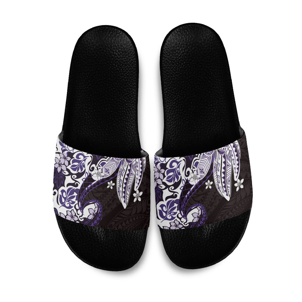 Monstera Plumeria Flowers Purple Slide Sandals Polynesian Pattern