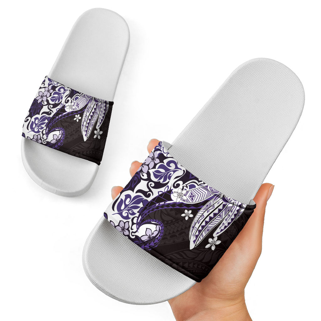 Monstera Plumeria Flowers Purple Slide Sandals Polynesian Pattern