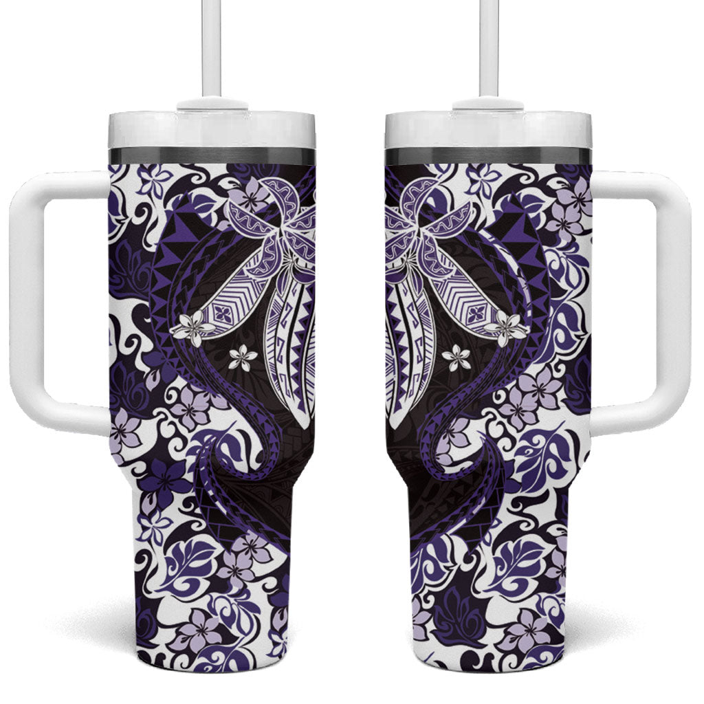 Monstera Plumeria Flowers Purple Tumbler With Handle Polynesian Pattern