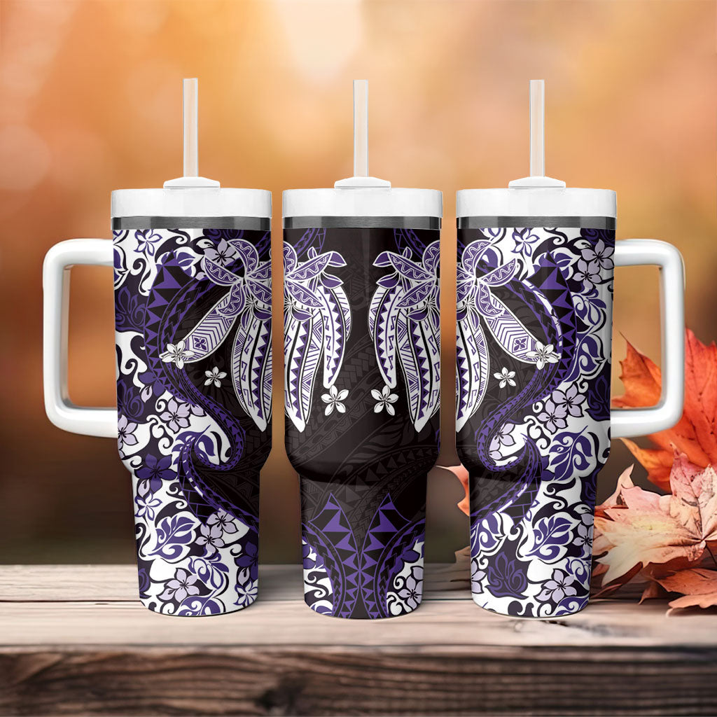 Monstera Plumeria Flowers Purple Tumbler With Handle Polynesian Pattern