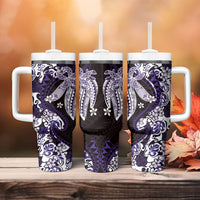 Monstera Plumeria Flowers Purple Tumbler With Handle Polynesian Pattern