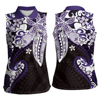 Monstera Plumeria Flowers Purple Women Sleeveless Polo Shirt Polynesian Pattern