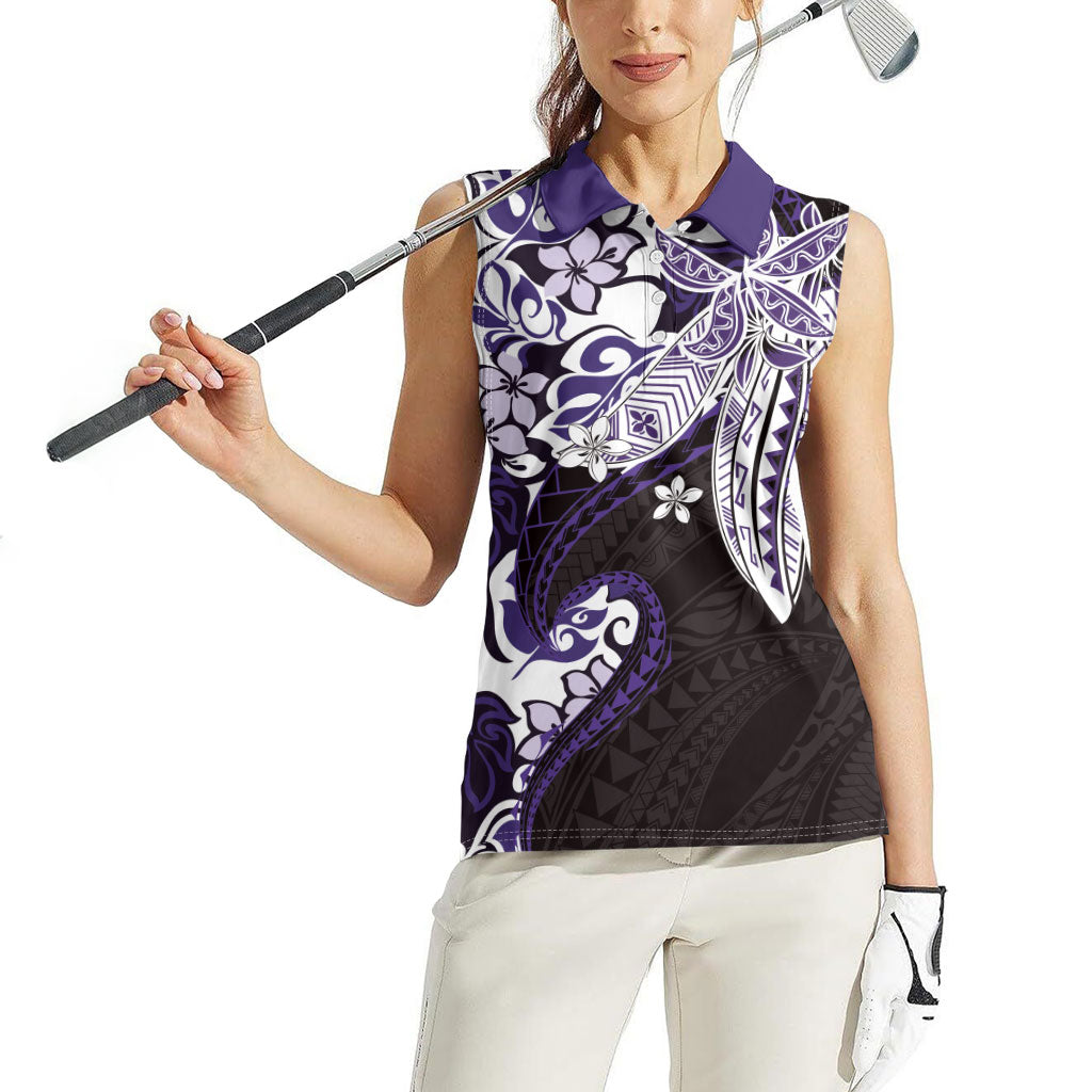 Monstera Plumeria Flowers Purple Women Sleeveless Polo Shirt Polynesian Pattern