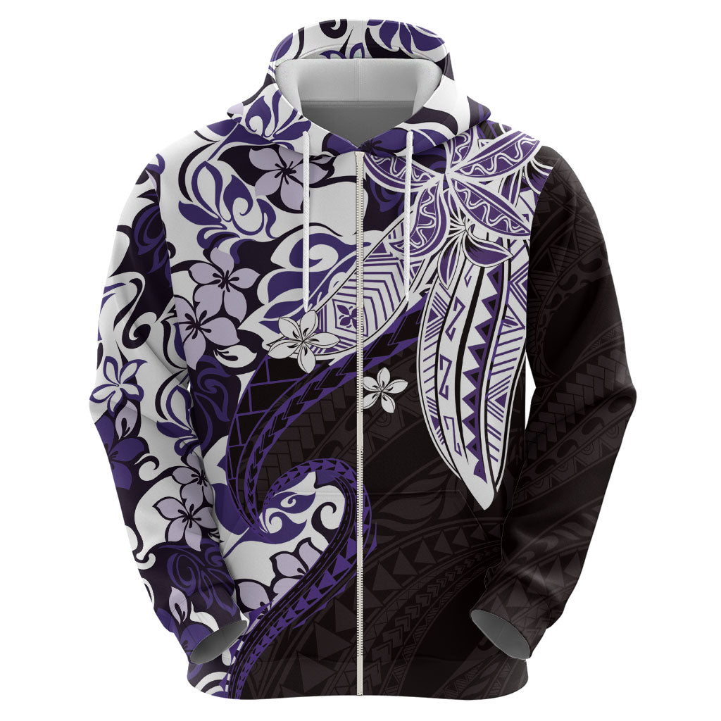 Monstera Plumeria Flowers Purple Zip Hoodie Polynesian Pattern