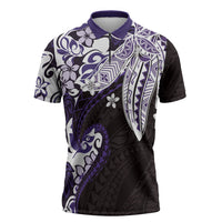 Monstera Plumeria Flowers Purple Zipper Polo Shirt Polynesian Pattern