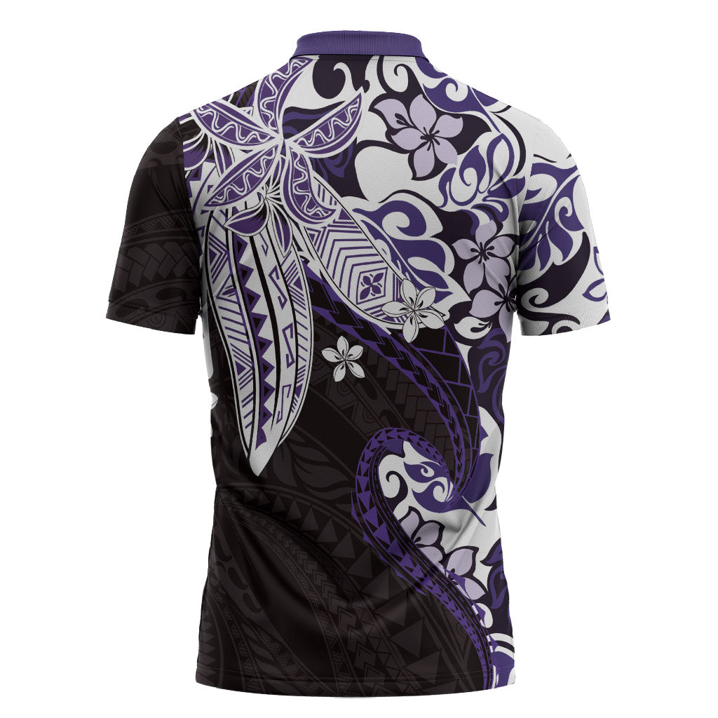 Monstera Plumeria Flowers Purple Zipper Polo Shirt Polynesian Pattern