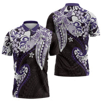 Monstera Plumeria Flowers Purple Zipper Polo Shirt Polynesian Pattern