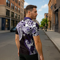 Monstera Plumeria Flowers Purple Zipper Polo Shirt Polynesian Pattern