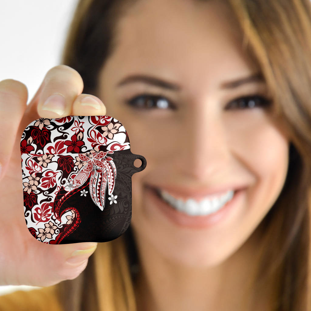 Monstera Plumeria Flowers Red AirPods Case Polynesian Pattern