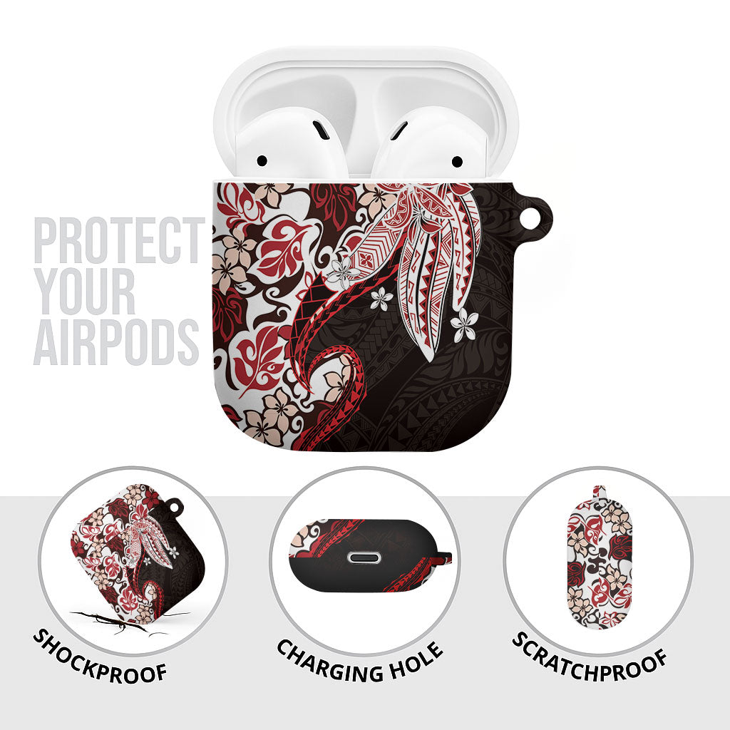 Monstera Plumeria Flowers Red AirPods Case Polynesian Pattern