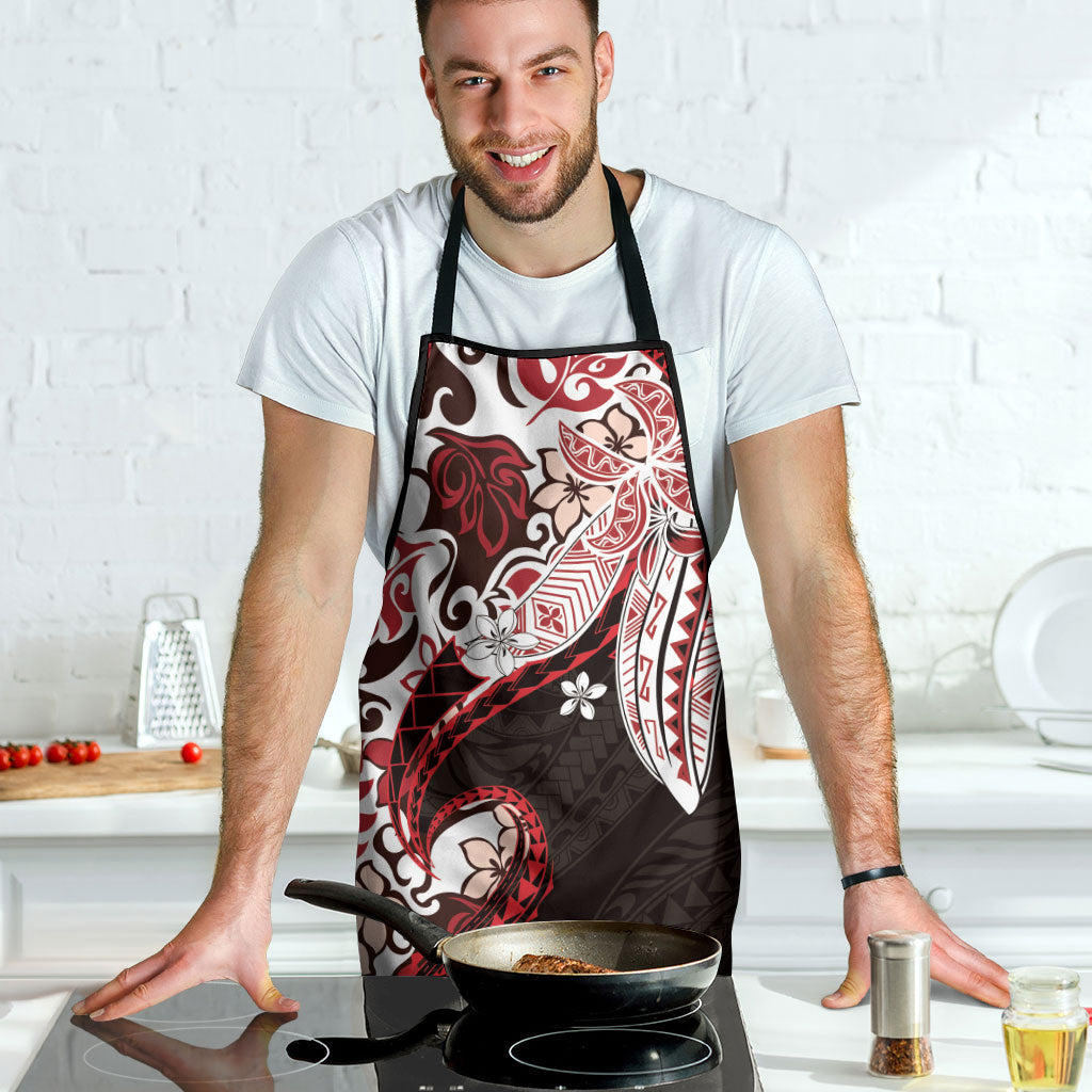 Monstera Plumeria Flowers Red Apron Polynesian Pattern