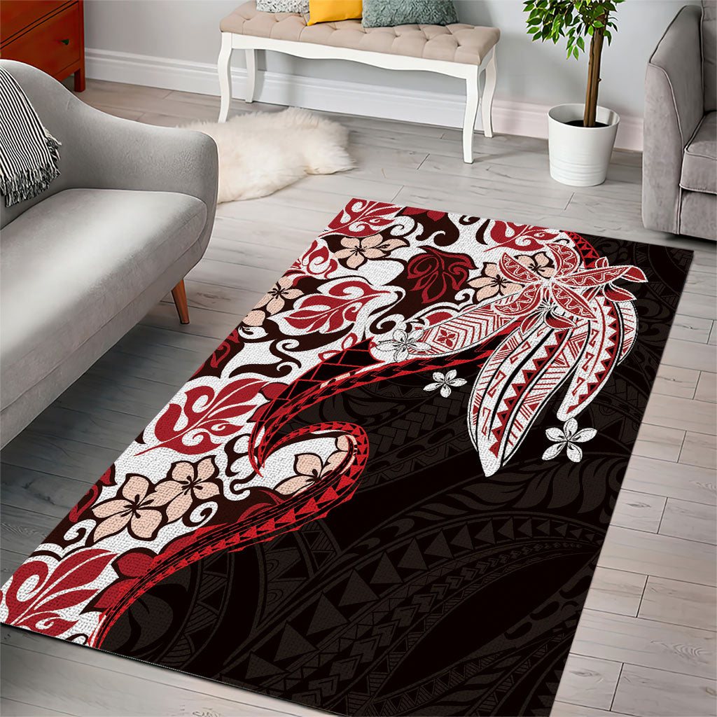 Monstera Plumeria Flowers Red Area Rug Polynesian Pattern