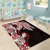 Monstera Plumeria Flowers Red Area Rug Polynesian Pattern