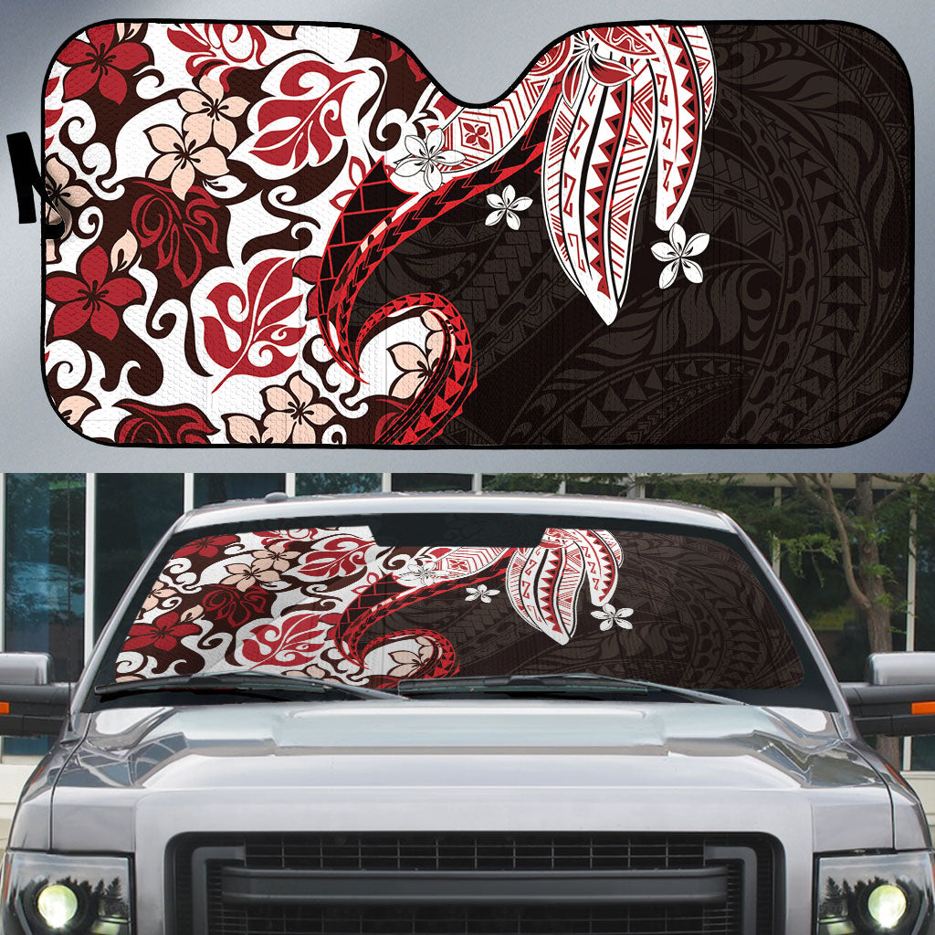 Monstera Plumeria Flowers Red Auto Sun Shade Polynesian Pattern