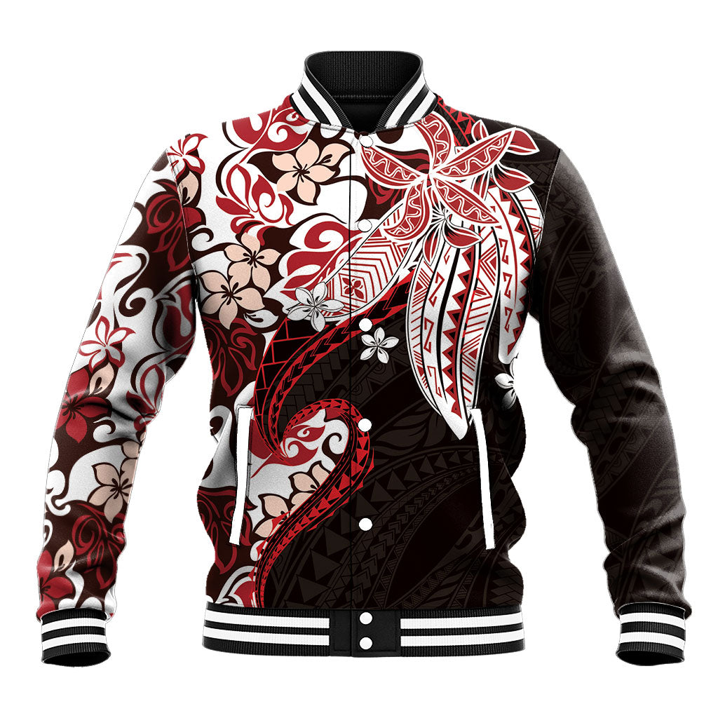 Monstera Plumeria Flowers Red Baseball Jacket Polynesian Pattern