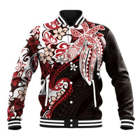 Monstera Plumeria Flowers Red Baseball Jacket Polynesian Pattern