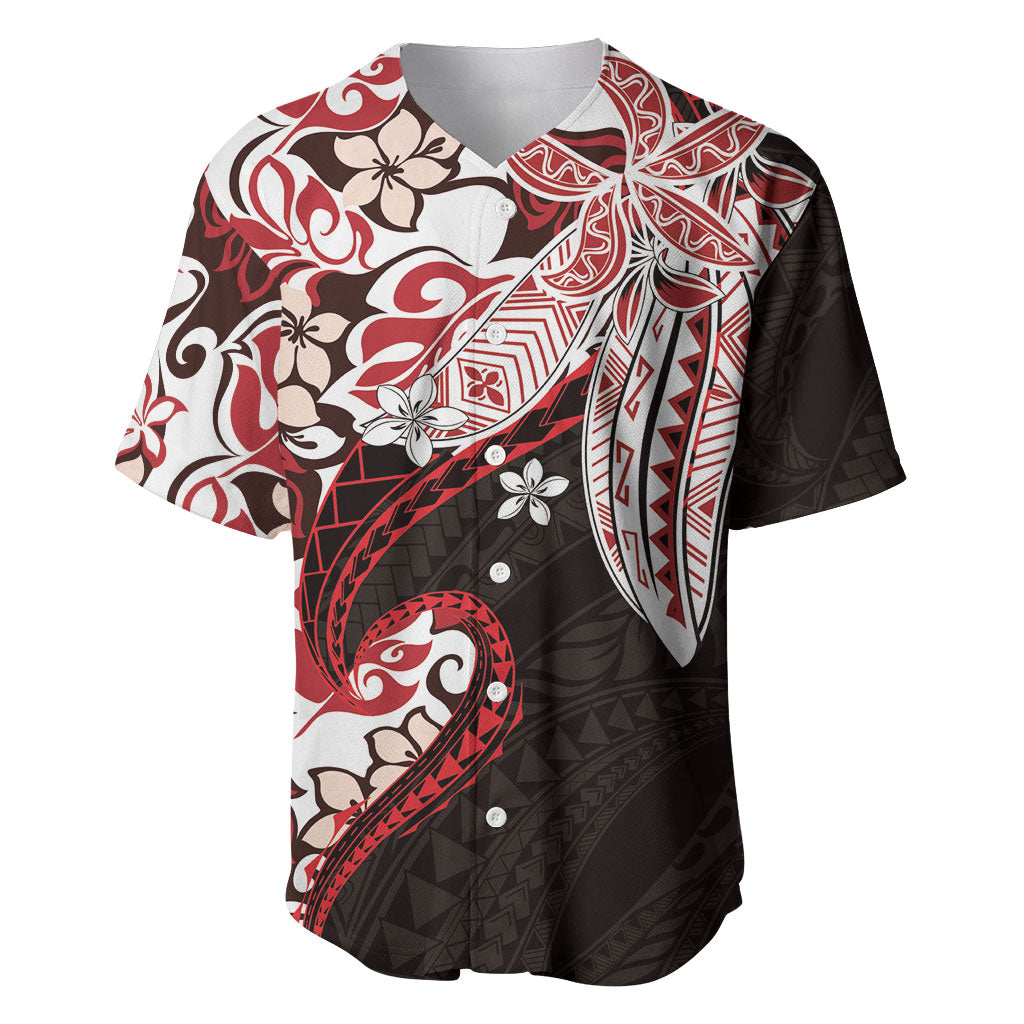 Monstera Plumeria Flowers Red Baseball Jersey Polynesian Pattern