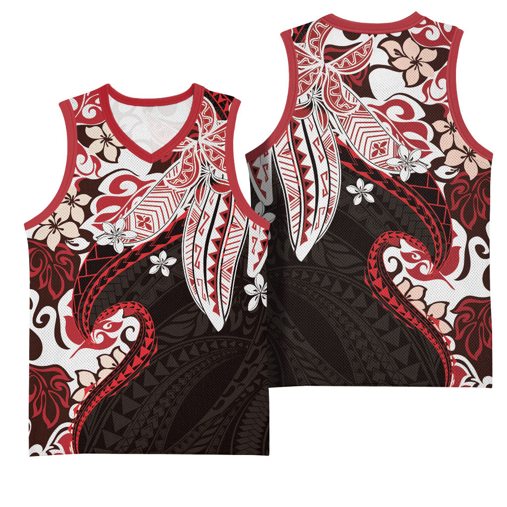 Monstera Plumeria Flowers Red Basketball Jersey Polynesian Pattern