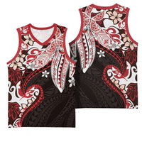 Monstera Plumeria Flowers Red Basketball Jersey Polynesian Pattern