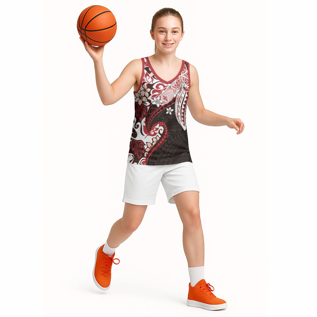 Monstera Plumeria Flowers Red Basketball Jersey Polynesian Pattern