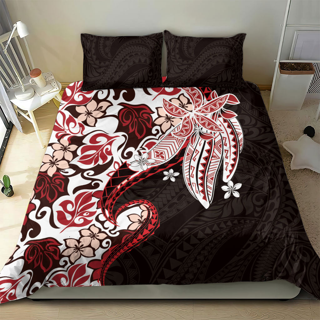 Monstera Plumeria Flowers Red Bedding Set Polynesian Pattern