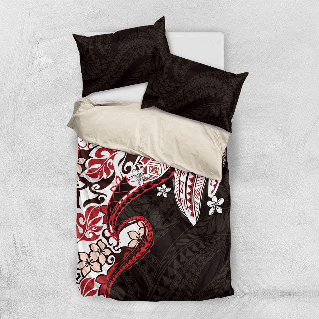 Monstera Plumeria Flowers Red Bedding Set Polynesian Pattern