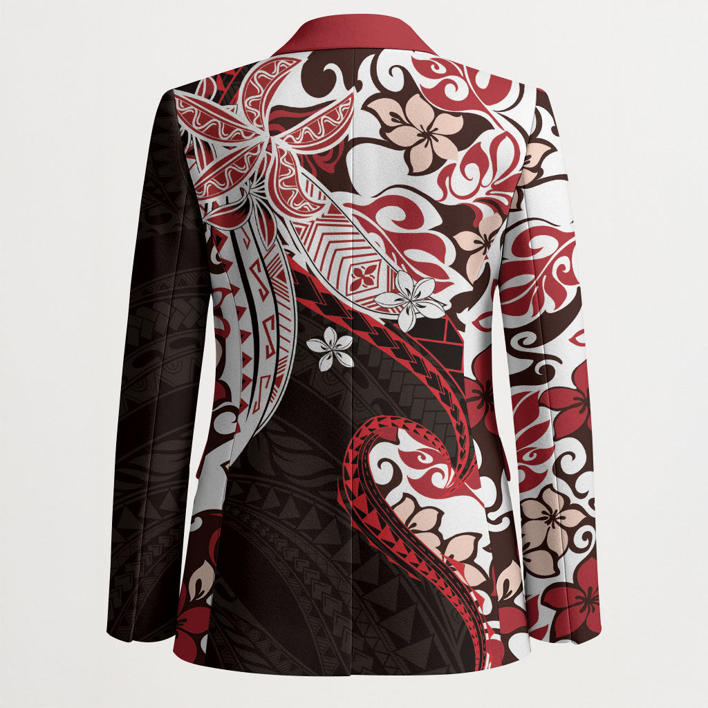 Monstera Plumeria Flowers Red Blazer Polynesian Pattern