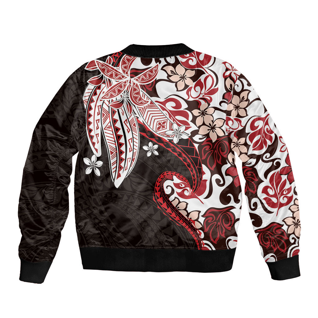 Monstera Plumeria Flowers Red Bomber Jacket Polynesian Pattern