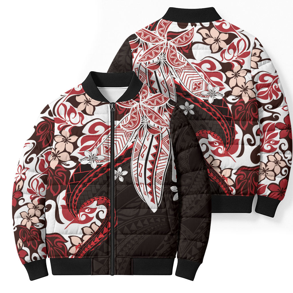 Monstera Plumeria Flowers Red Bomber Puffer Jacket Polynesian Pattern