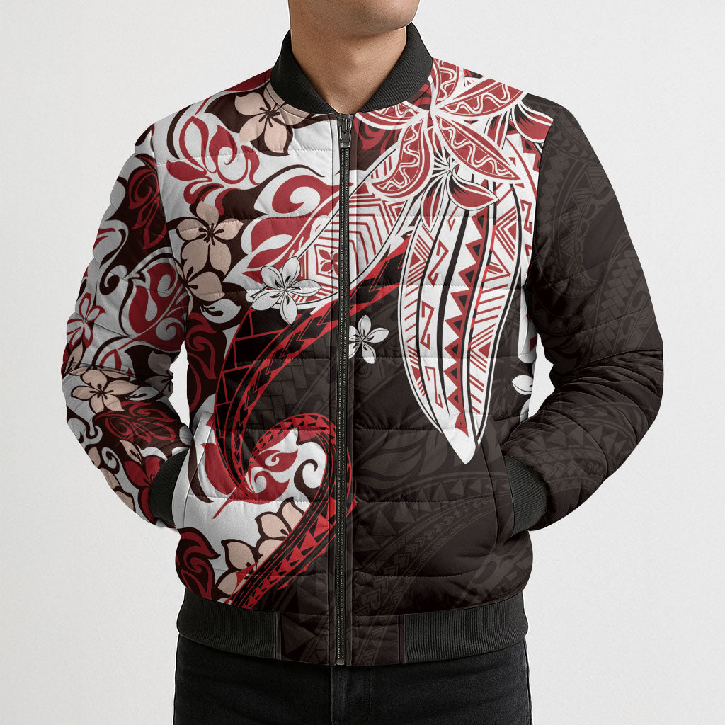 Monstera Plumeria Flowers Red Bomber Puffer Jacket Polynesian Pattern