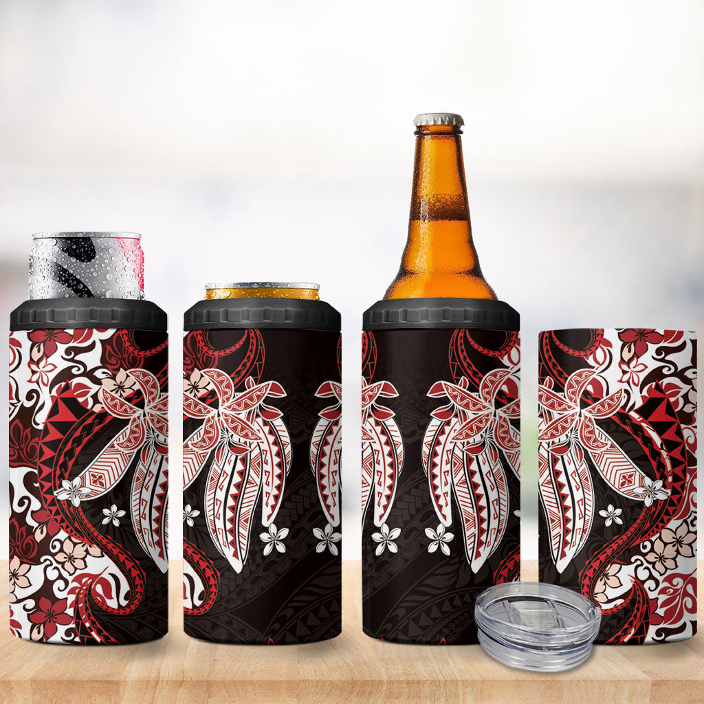 Monstera Plumeria Flowers Red 4 in 1 Can Cooler Tumbler Polynesian Pattern