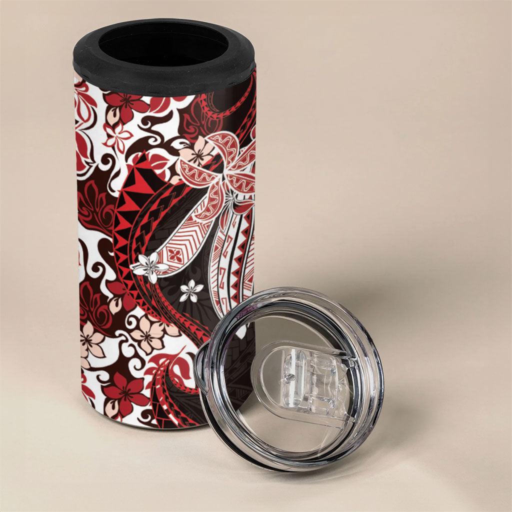 Monstera Plumeria Flowers Red 4 in 1 Can Cooler Tumbler Polynesian Pattern