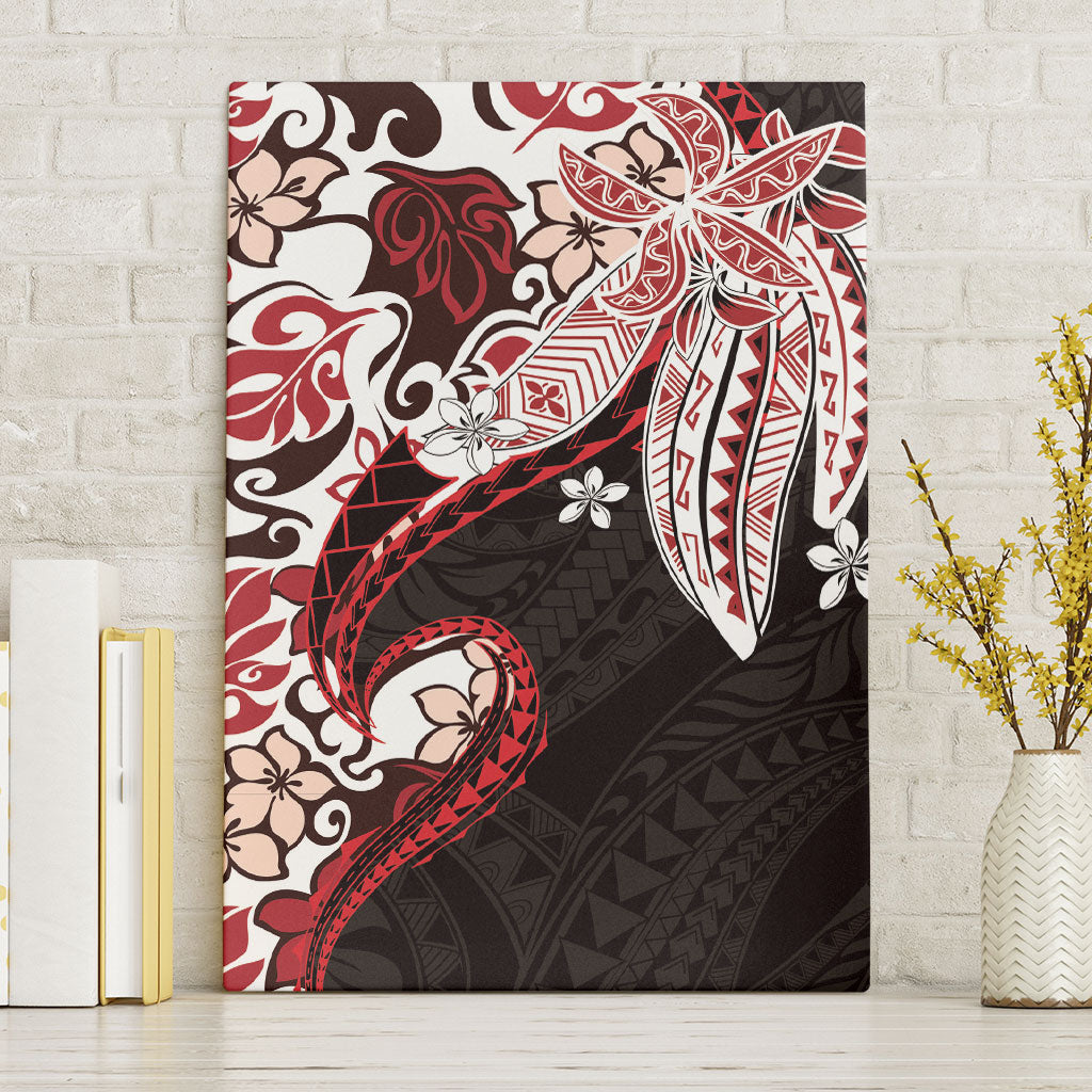 Monstera Plumeria Flowers Red Canvas Wall Art Polynesian Pattern